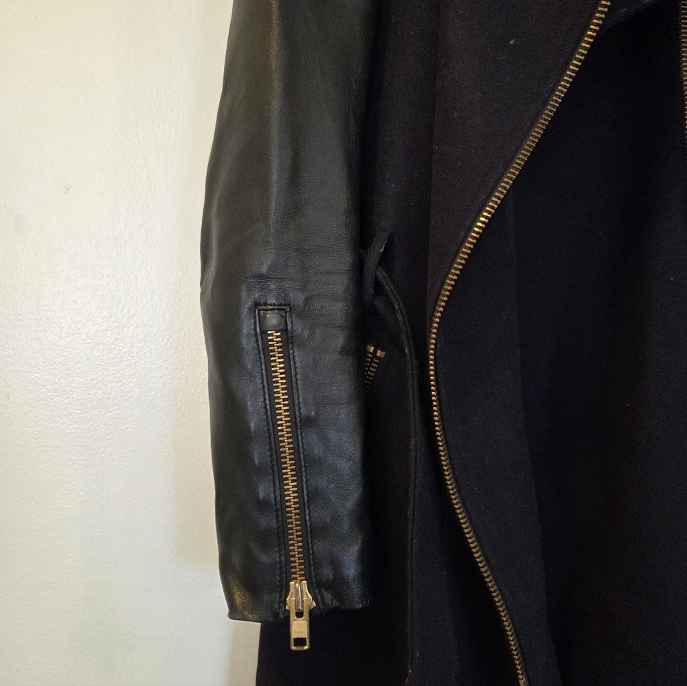 Women's Mackage Dale Wool Trench Coat with Leather Sleeves - Black - Size Medium - Picture 4 of 16